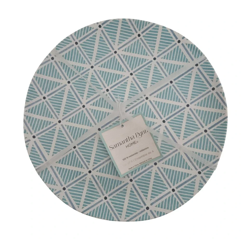 Samantha Pynn Home Melamine Dinner Plates Set 4 Teal Geometric Triangle 10.5in
